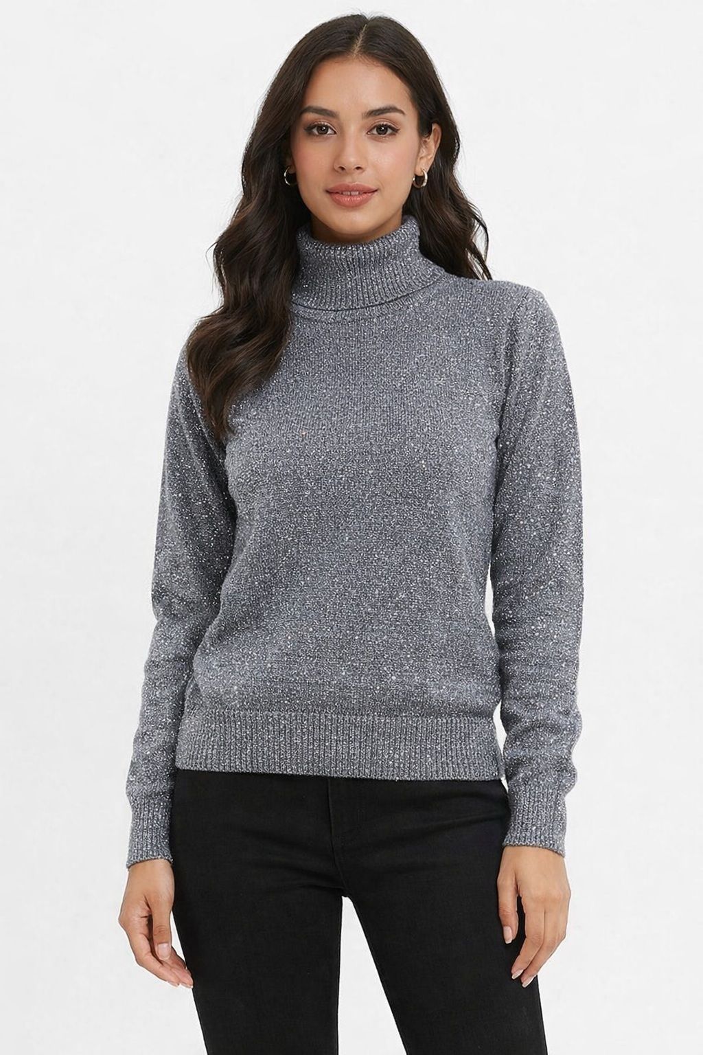Women Solid Turtle Neck Grey Sweater