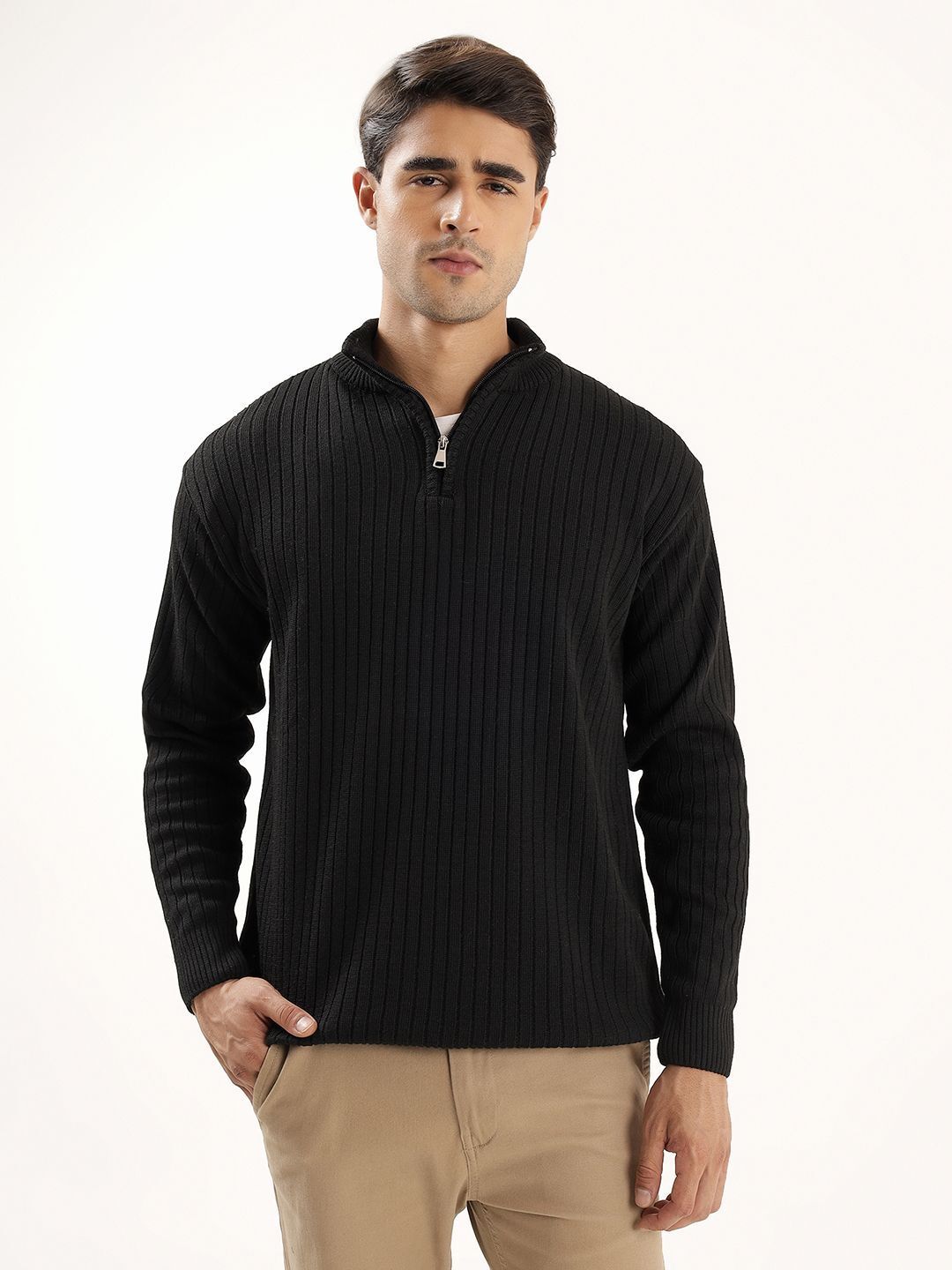 kveto Men Self Design High Neck Black Sweater-picture-27
