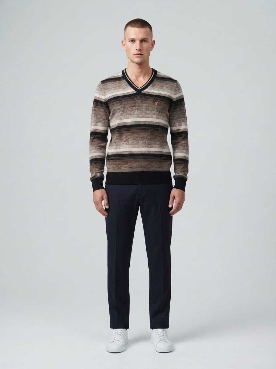 cozure Men Striped V Neck Multicolor, Brown Sweater-picture-20