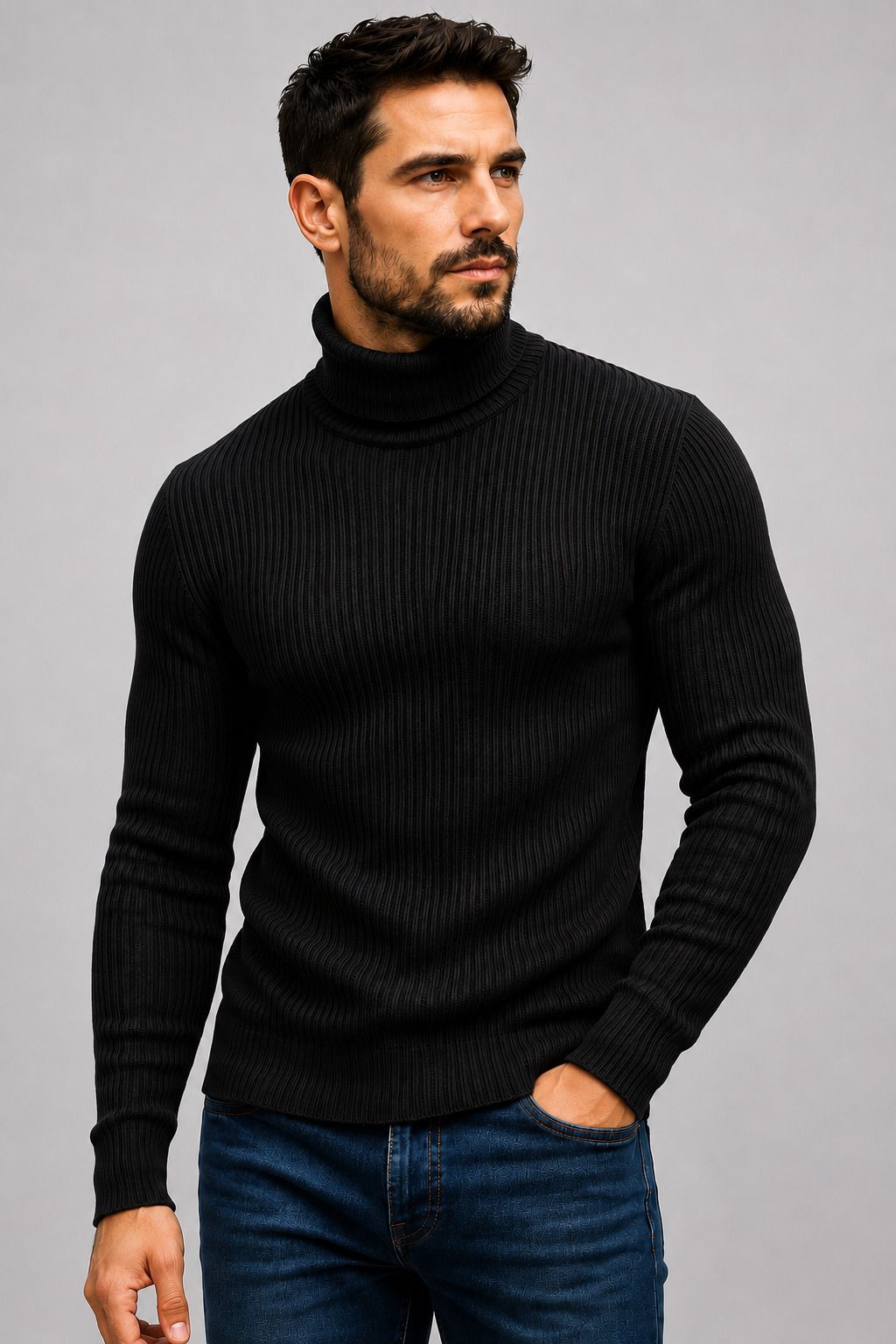 Men Self Design High Neck Black Sweater-image-44