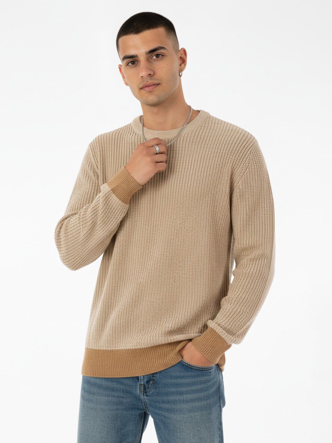 glitchez Men Printed Round Neck Beige Sweater-picture-10