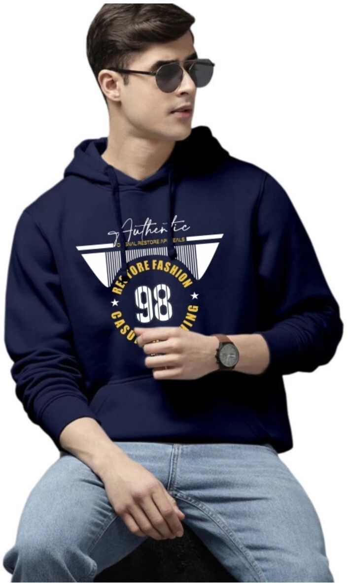 Men Printed Hooded Neck Dark Blue Sweater