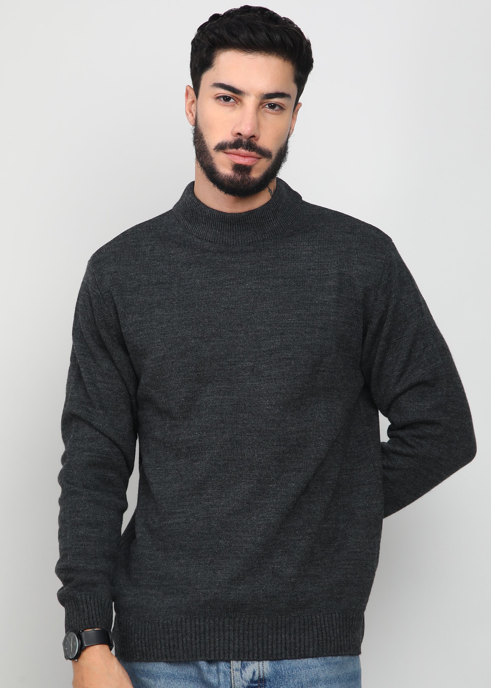 park avenue Men Solid High Neck Grey Sweater-picture-13