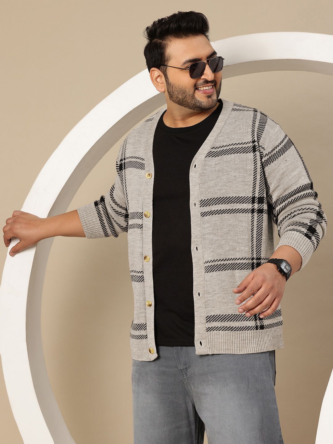 Men Checkered Mandarin Neck Grey Sweater-image-22