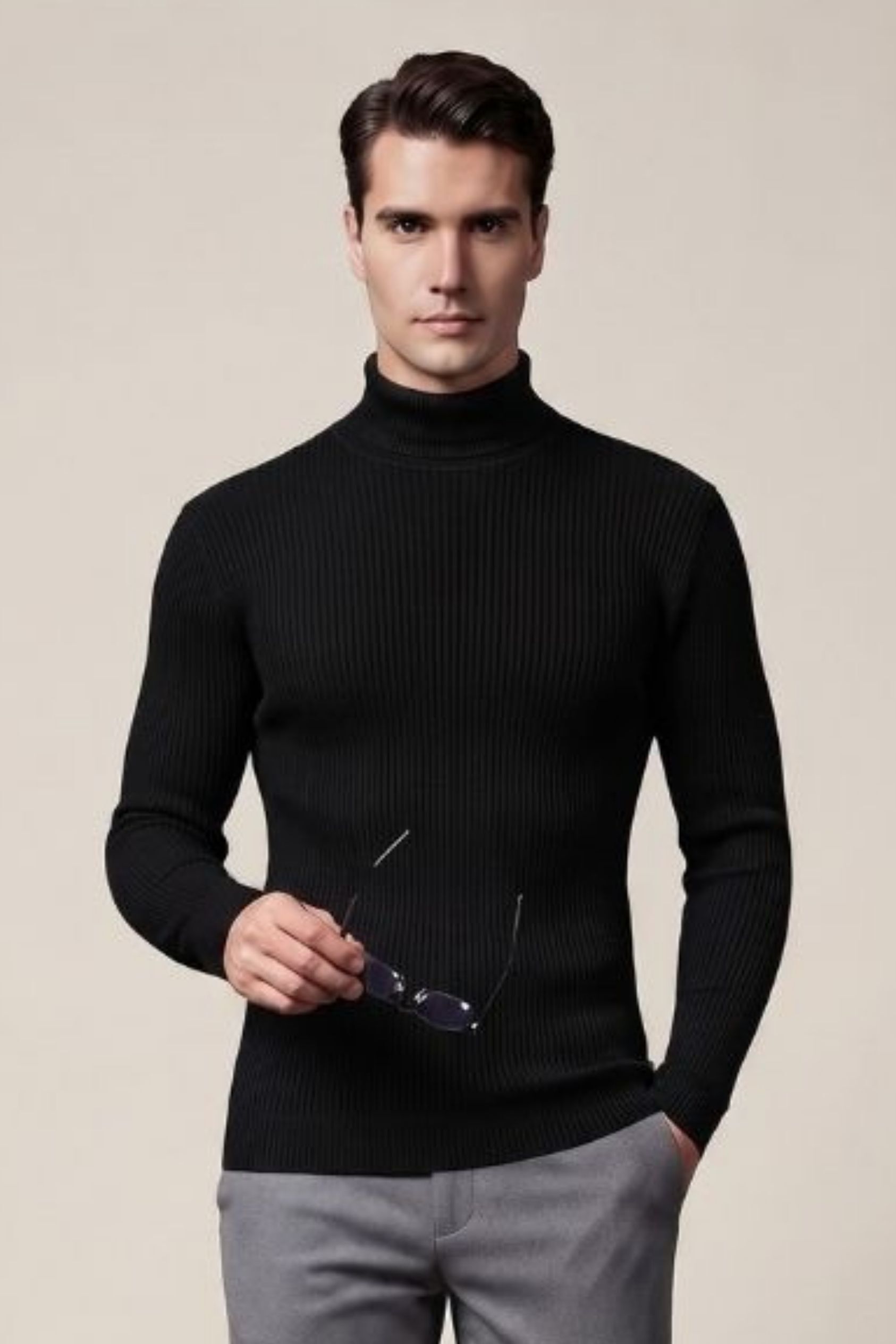 Men Striped High Neck Black Sweater-image-9