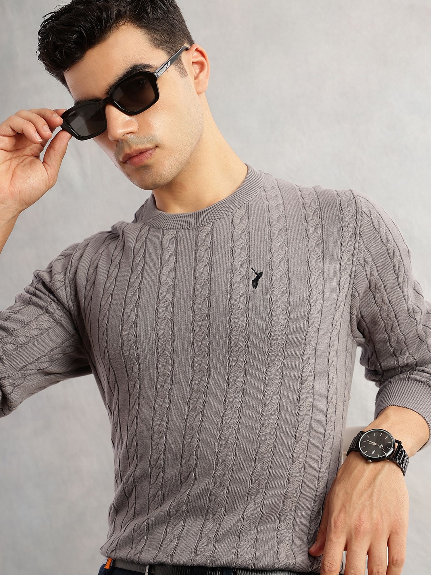 thomas scott Men Woven Round Neck Grey Sweater-picture-18