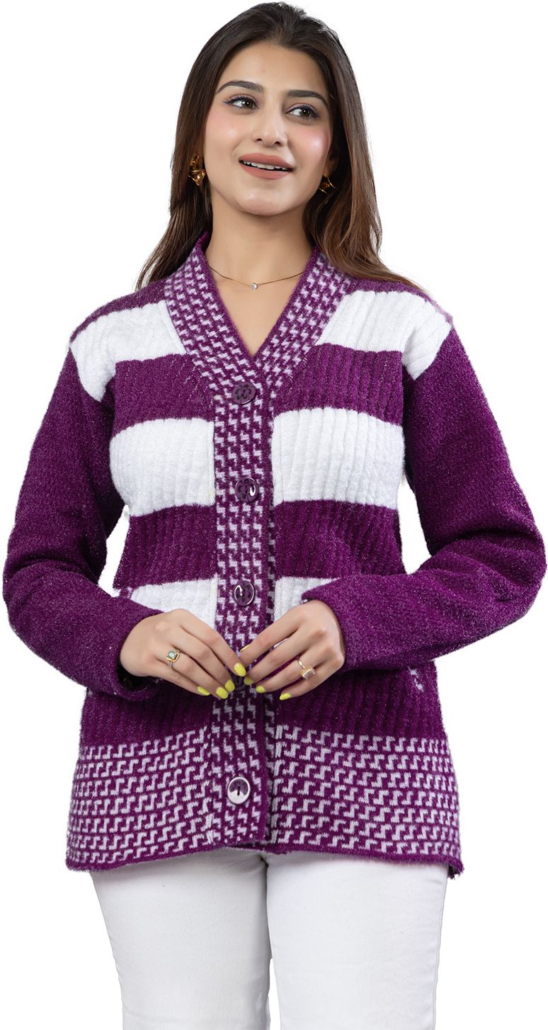 rg knitwears Women Self Design V Neck Purple Sweater-picture-11