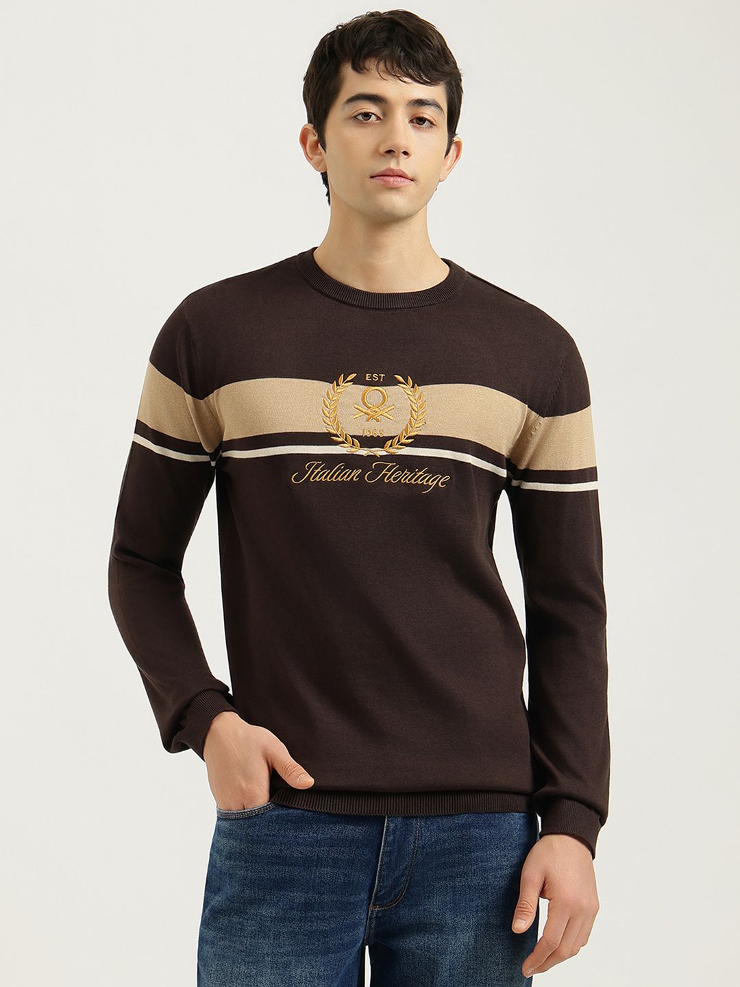 united colors of benetton Men Colorblock Crew Neck Brown Sweater-picture-16