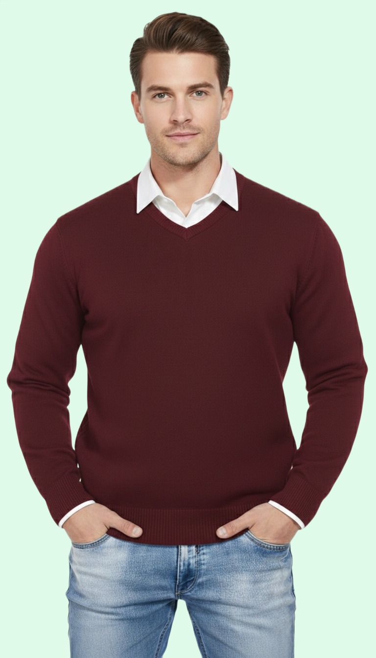 gainell Men Solid V Neck Maroon Sweater-picture-10