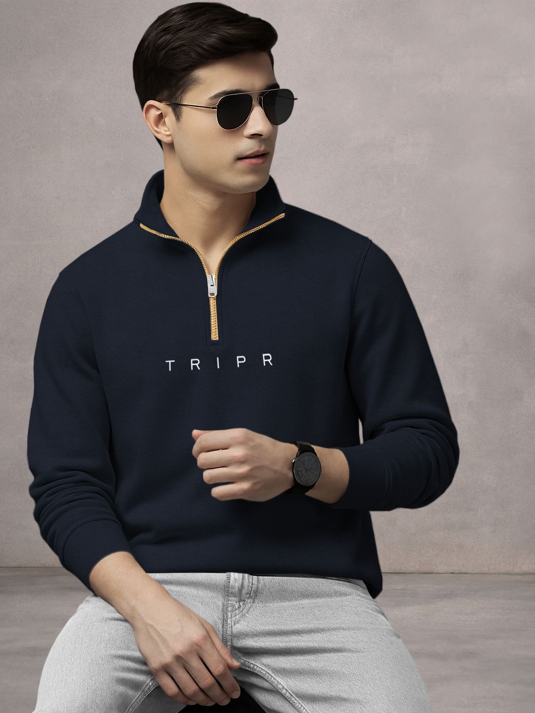 Men Printed High Neck Dark Blue Sweater-image-29