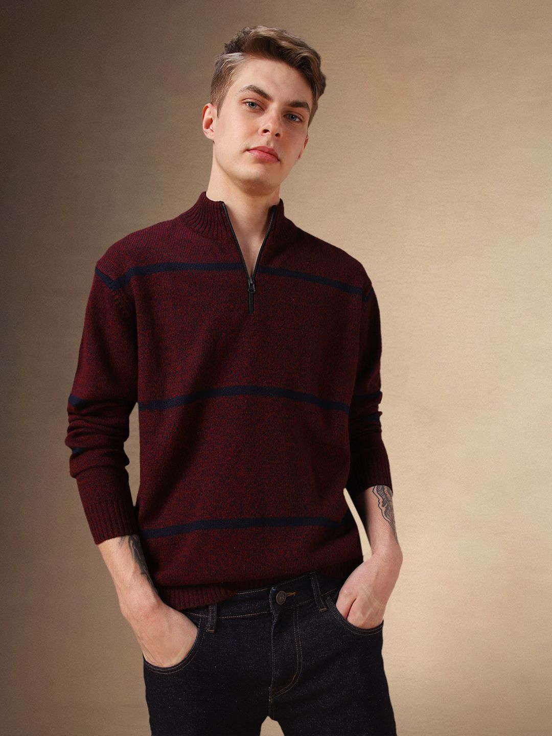 dennis lingo Men Solid Round Neck Maroon Sweater-picture-22