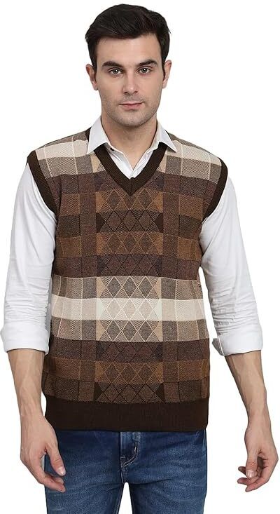 muskan knitwear Men Checkered V Neck Blue Sweater-picture-17