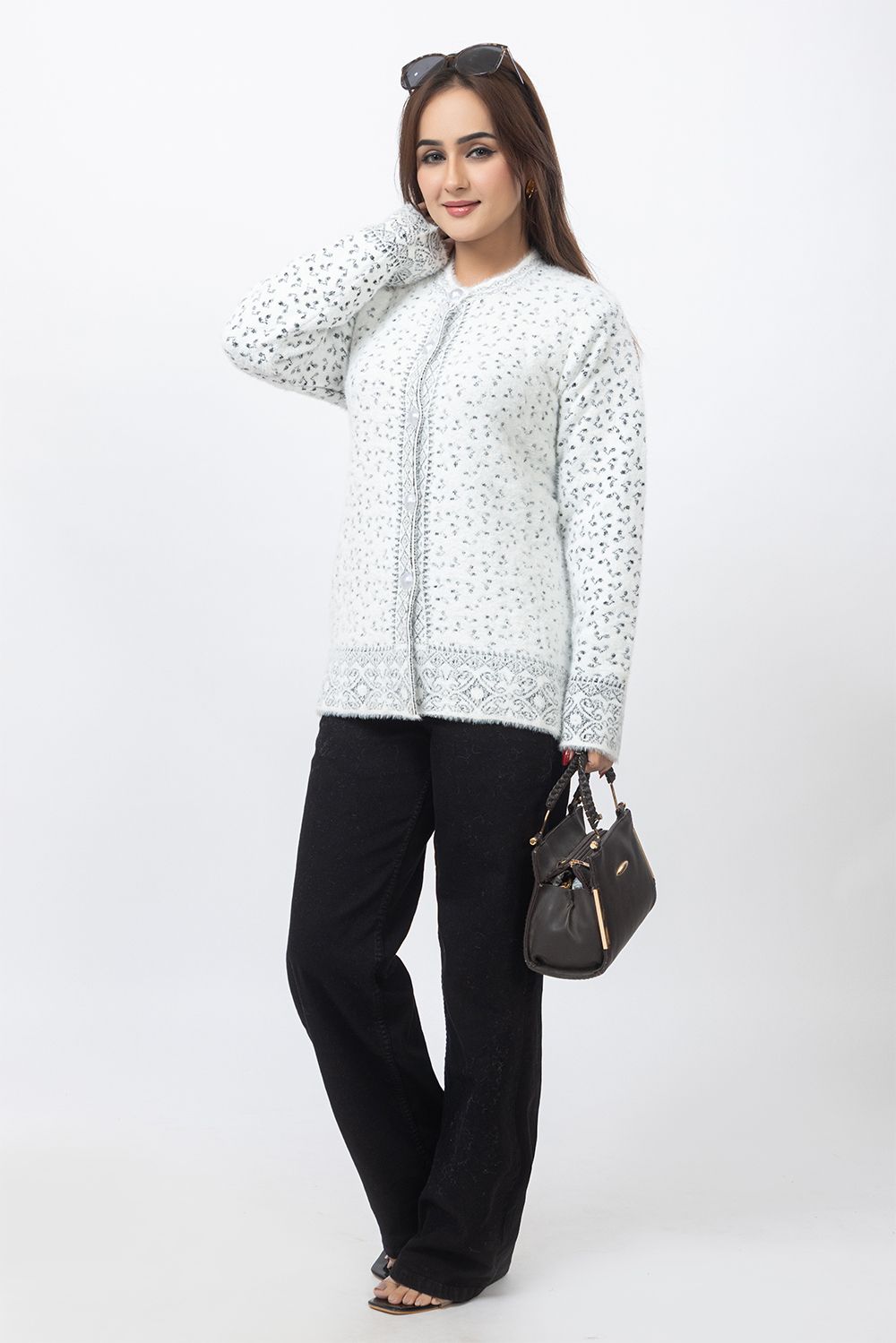 aphrodite Women Polka Print Round Neck Black, White Sweater-picture-23