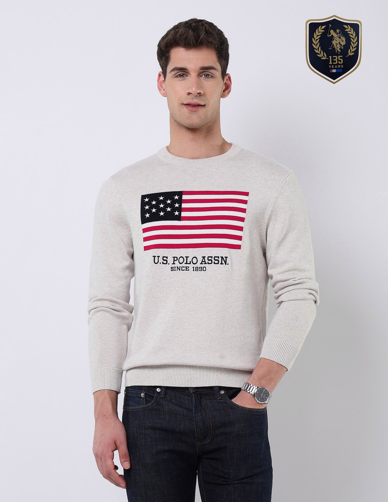 u.s. polo assn. Men Graphic Print Crew Neck White Sweater-picture-10