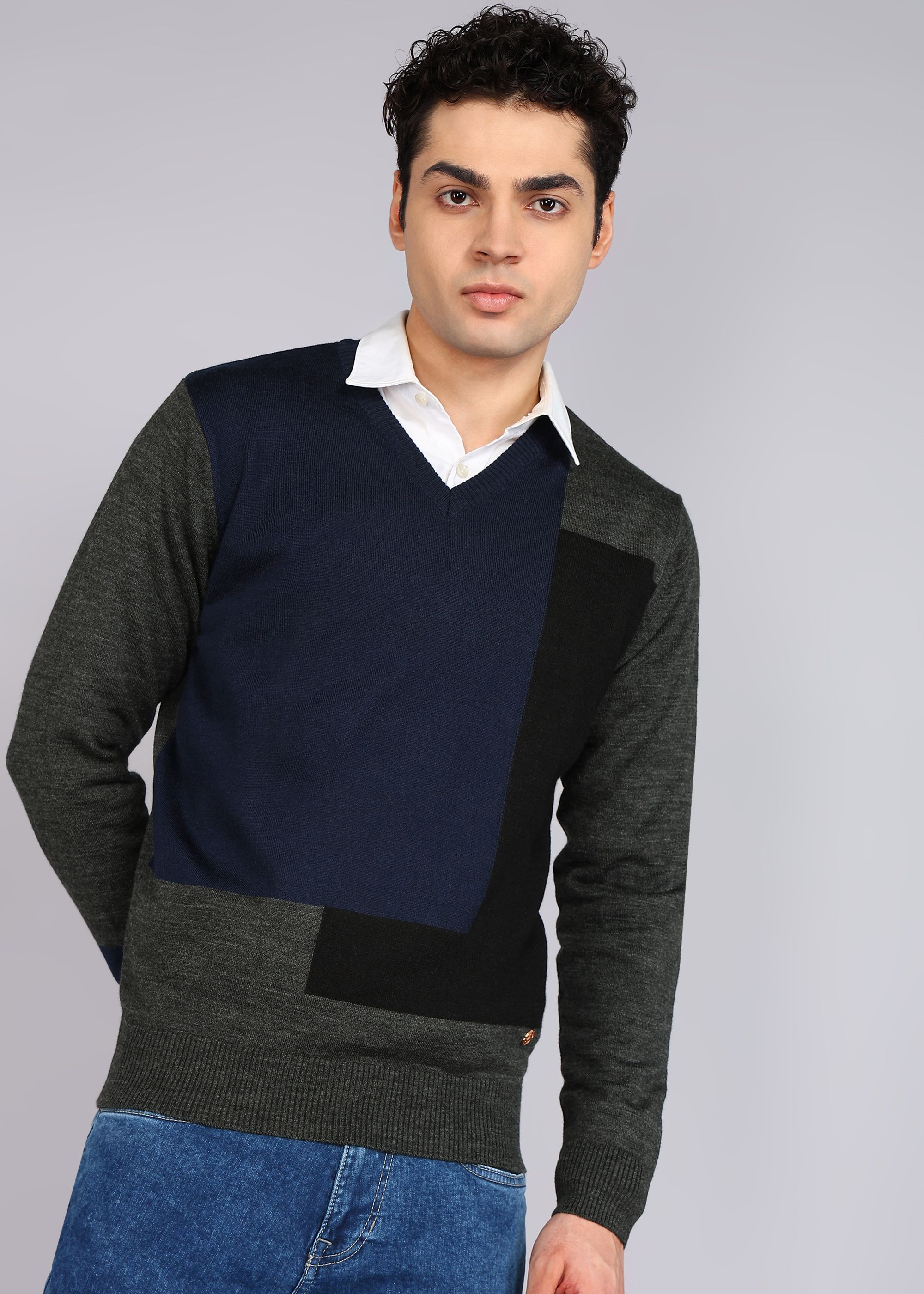 raymond Men Self Design V Neck Dark Blue Sweater-picture-27
