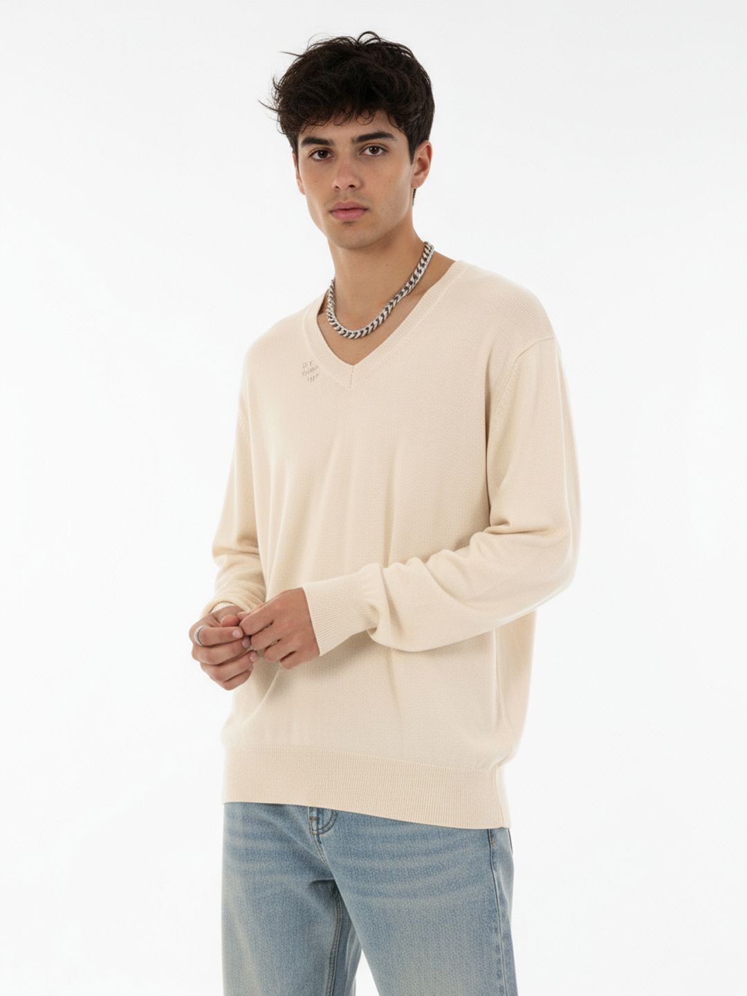 Men Solid V Neck White Sweater-image-17