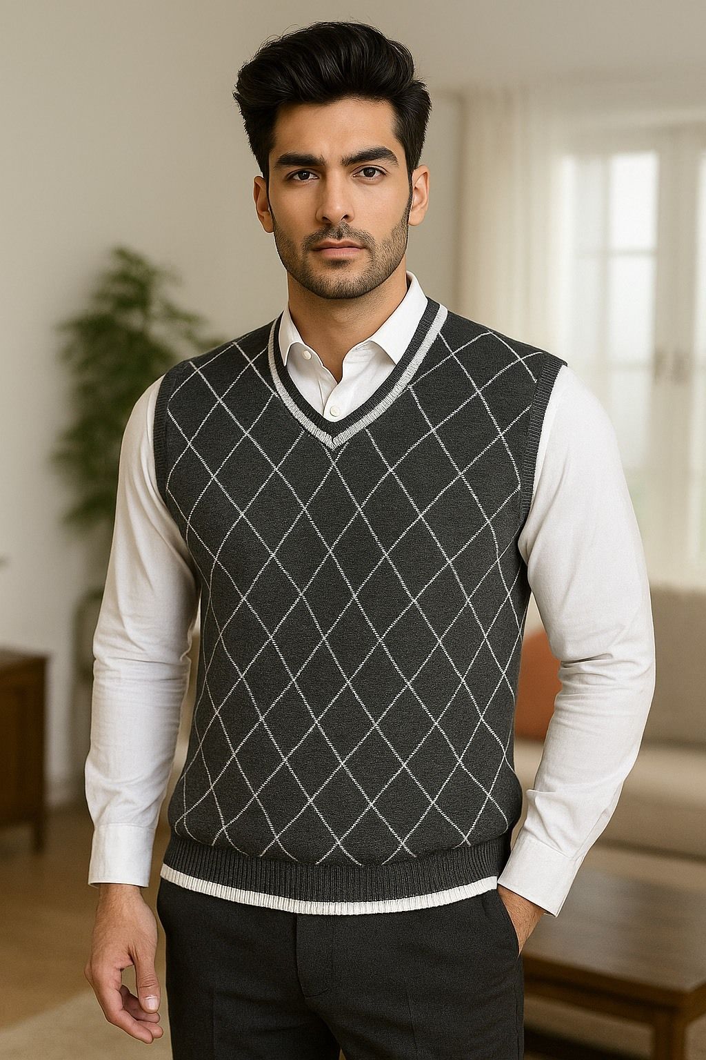 lufeep Men Checkered V Neck Multicolor Sweater-picture-18