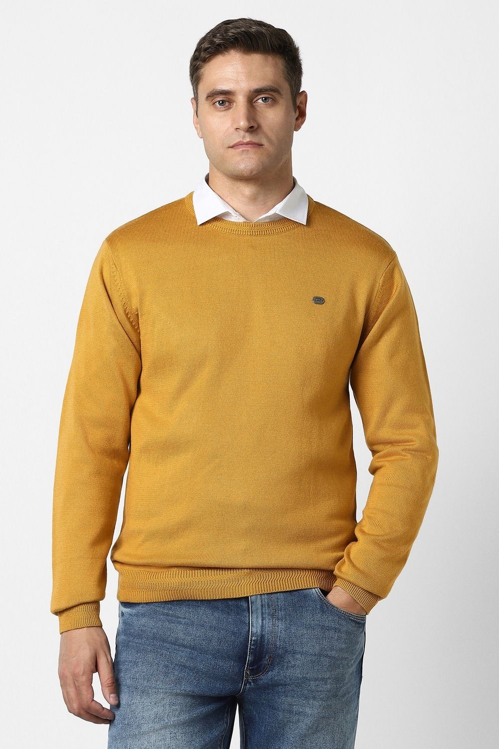 peter england Men Solid Crew Neck Yellow Sweater-picture-14