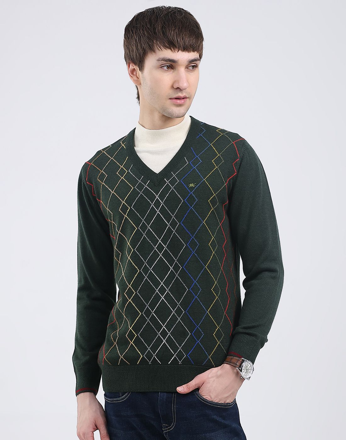 monte carlo Men Woven V Neck Green Sweater-picture-16