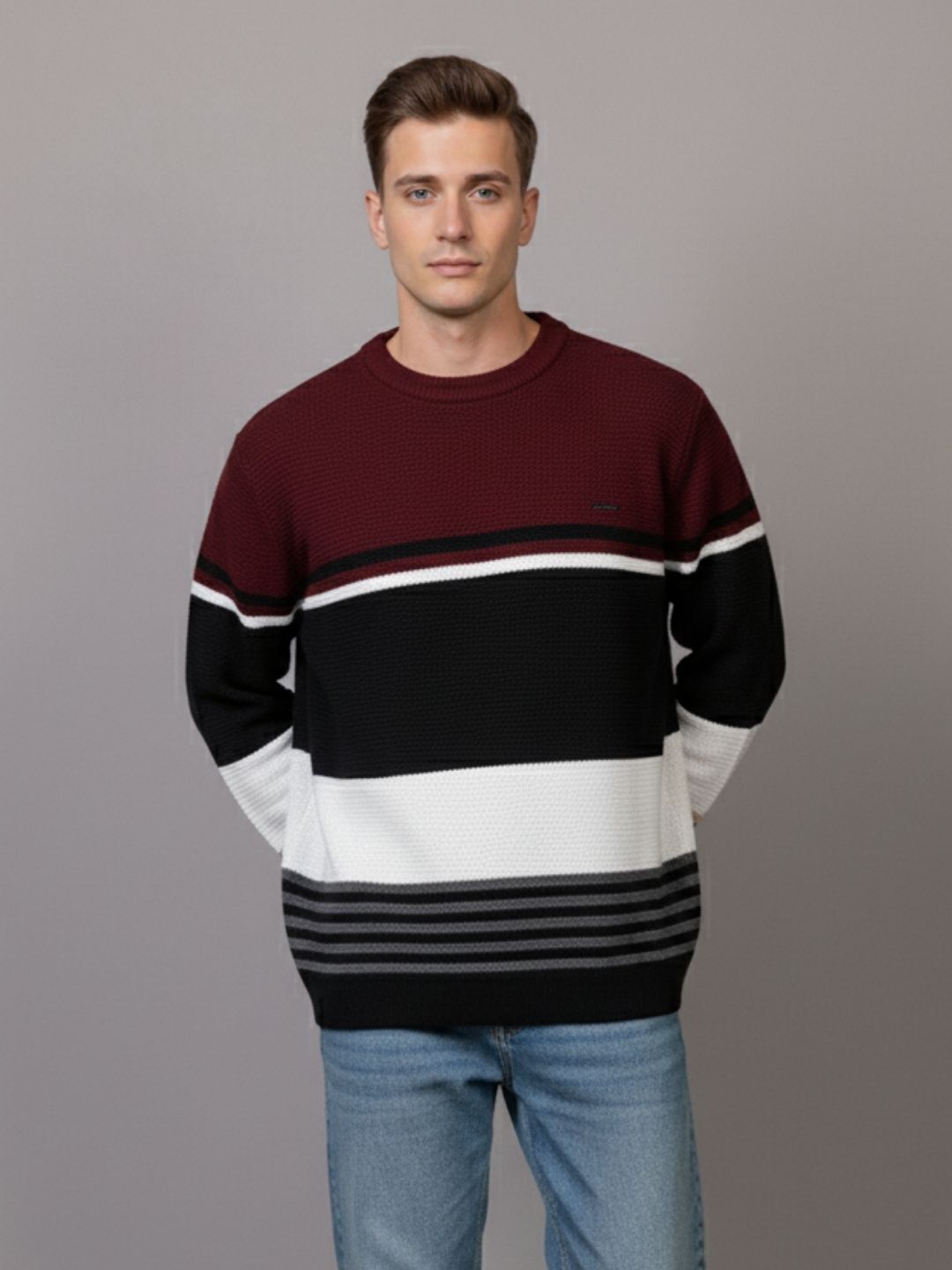 way to trendy Men Solid Round Neck Maroon Sweater-picture-18