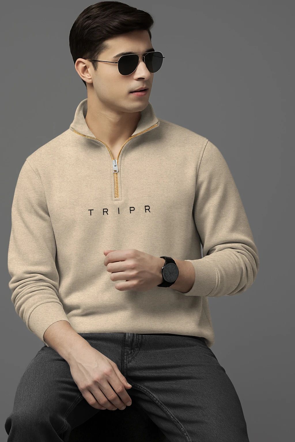 tripr Men Solid High Neck Beige Sweater-picture-26