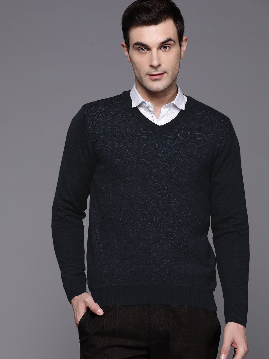 Men Self Design Collared Neck Dark Blue Sweater-image-34