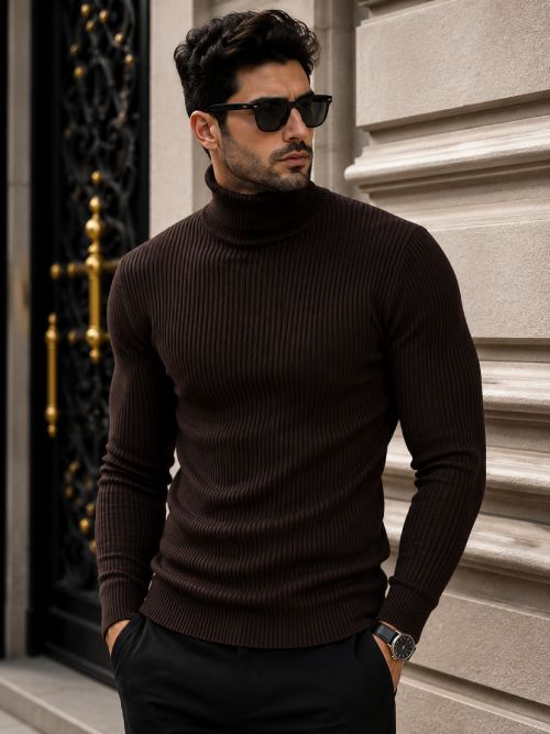 cat bunny Men Solid High Neck Brown Sweater-picture-10
