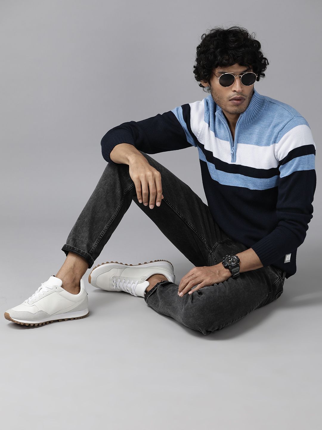 roadster Men Striped High Neck Blue Sweater-picture-11