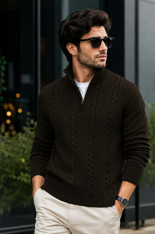 nikline Men Self Design V Neck Brown Sweater-picture-21