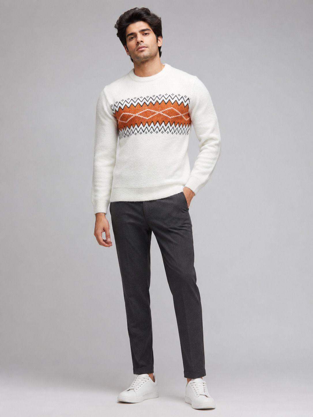 heteshe Men Geometric Print Round Neck White, Light Blue Sweater-picture-11