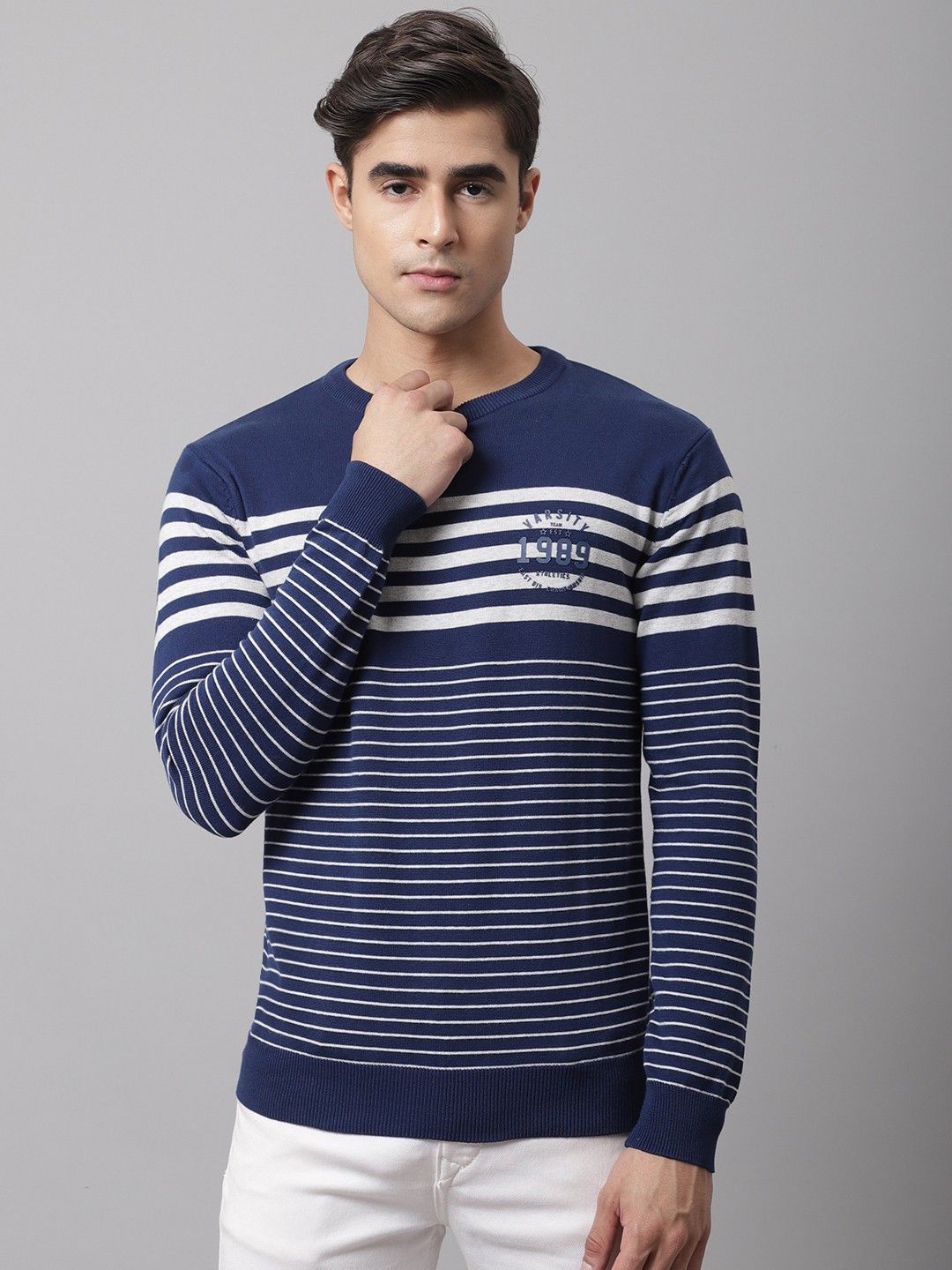 Men Striped Round Neck Blue, White Sweater-image-44