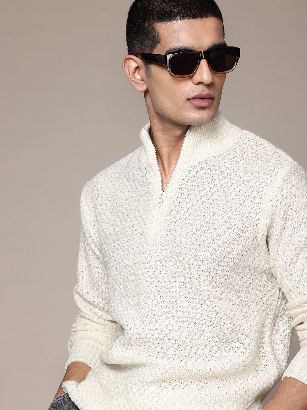 roadster Men Self Design High Neck White Sweater-picture-17