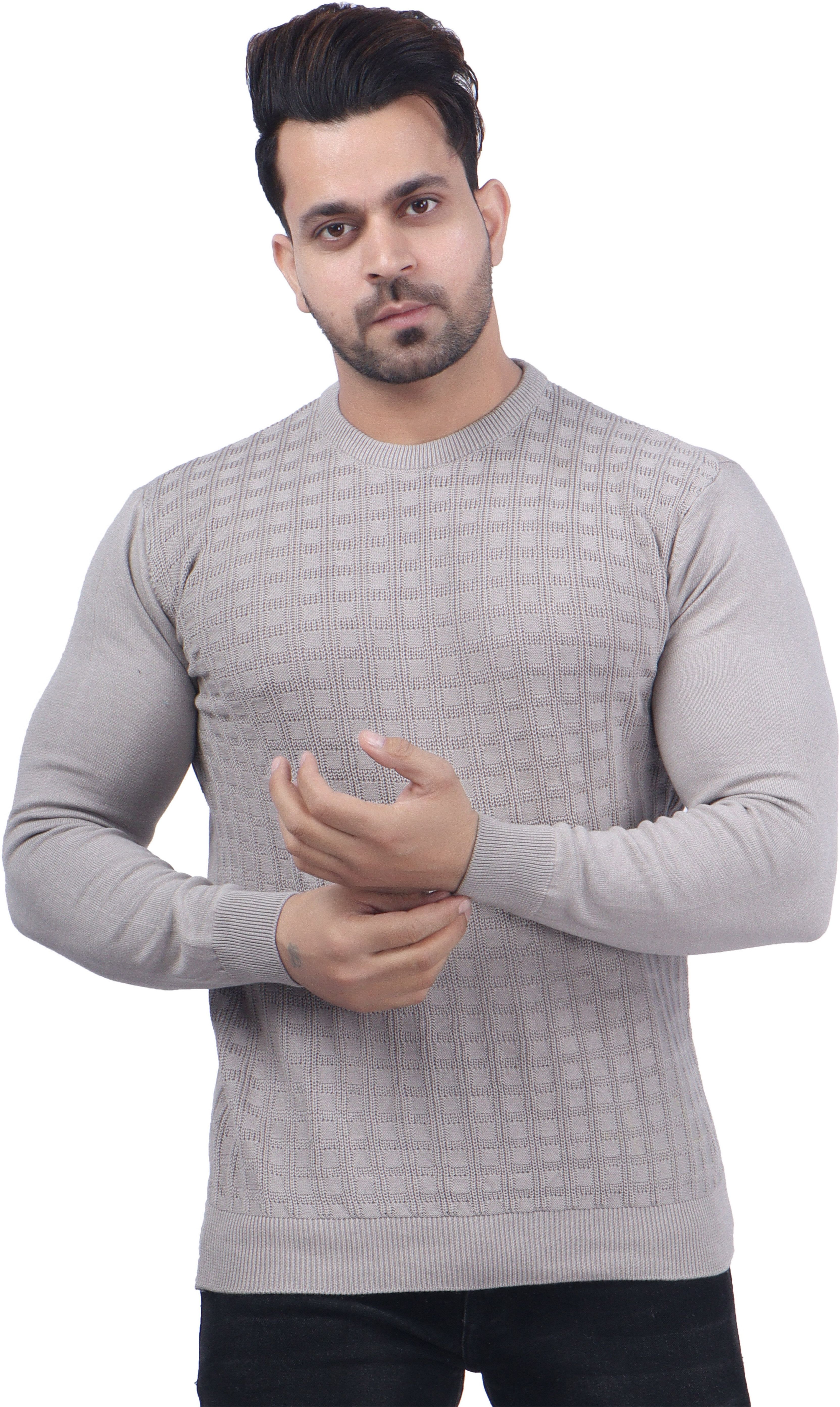 Men Self Design Round Neck Grey Sweater-image-37