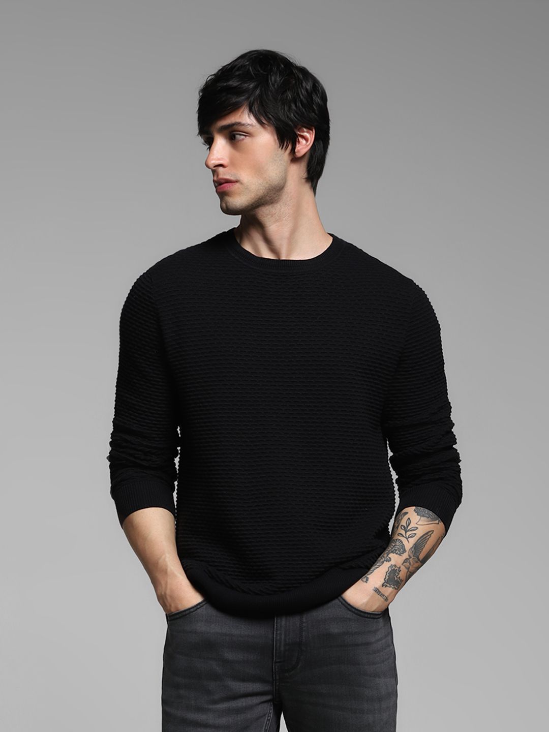 Men Self Design Crew Neck Black Sweater-image-31