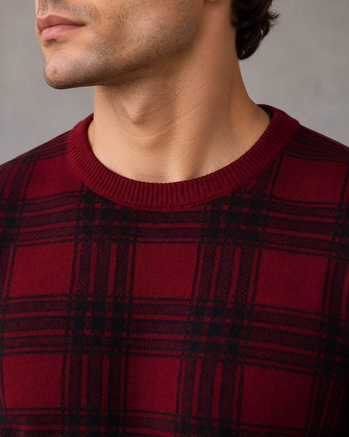 Men Checkered Round Neck Red, Black Sweater-image-40