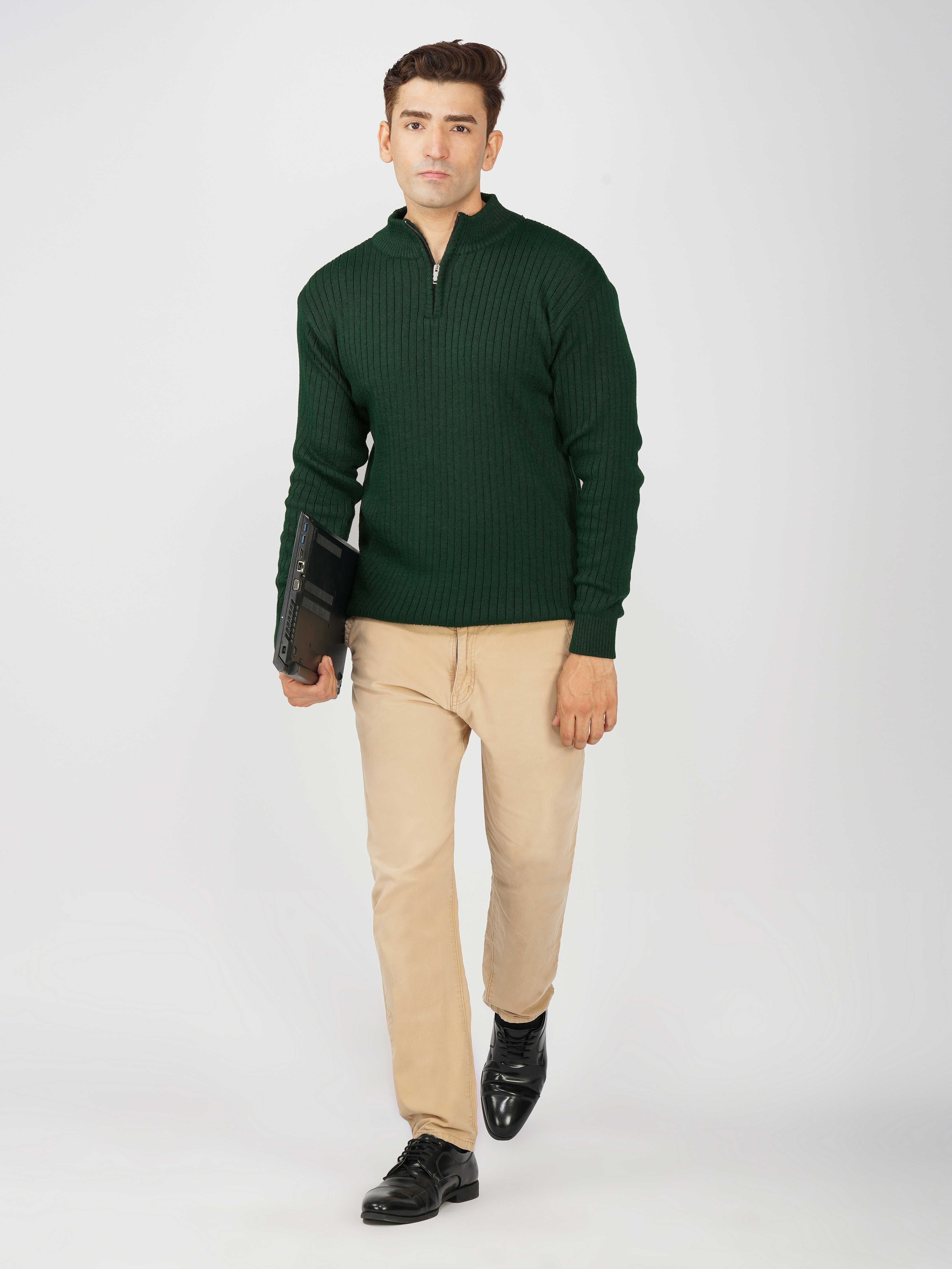 kveto Men Self Design High Neck Green Sweater-picture-11