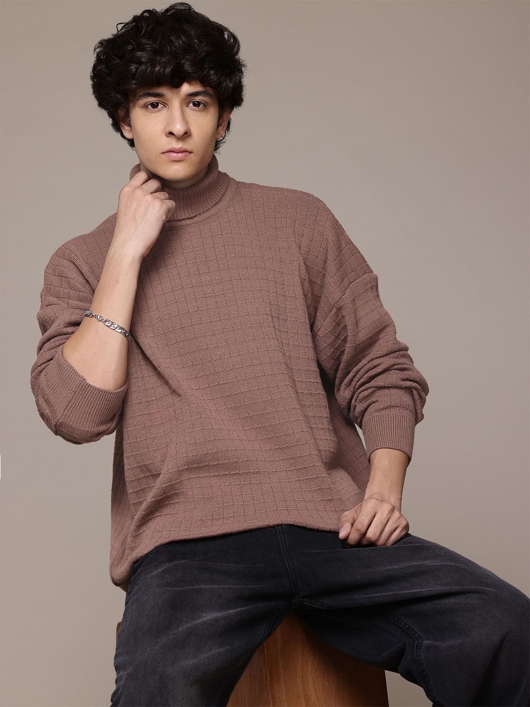 Men Self Design High Neck Brown Sweater-image-27