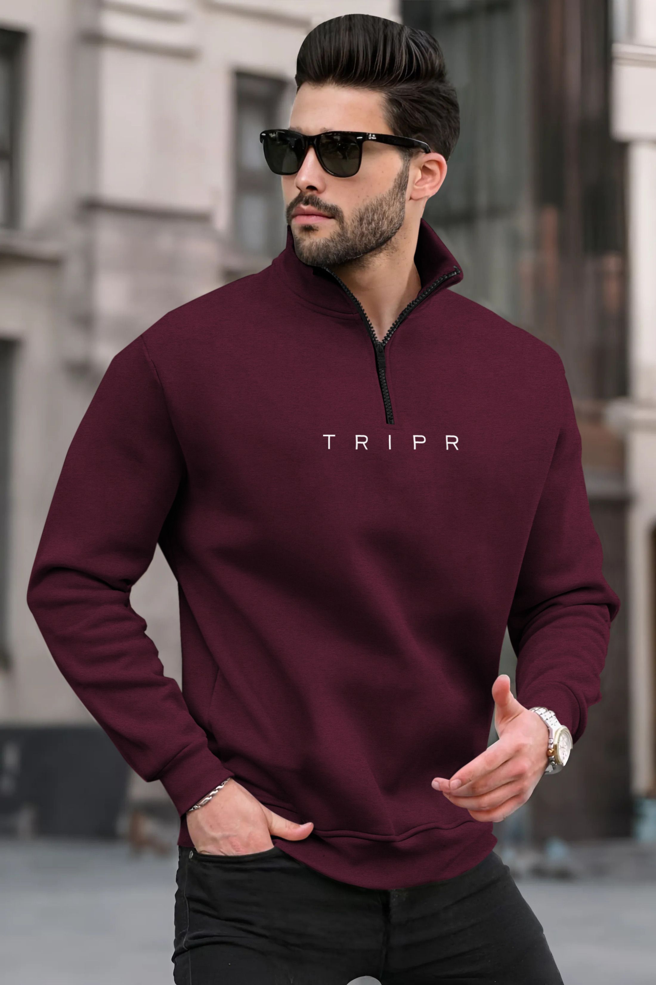 Men Solid High Neck Maroon Sweater