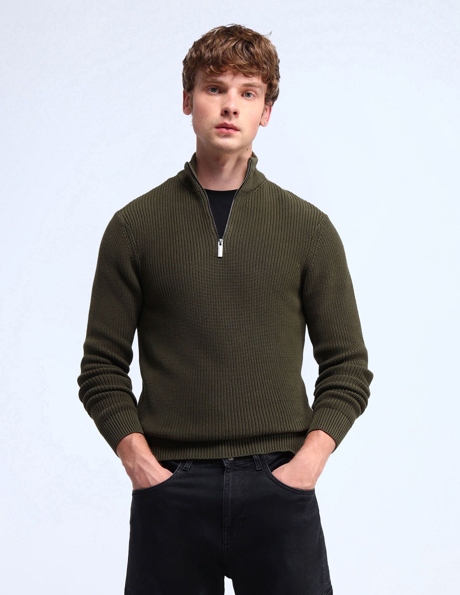 flying machine Men Self Design High Neck Green Sweater-picture-25