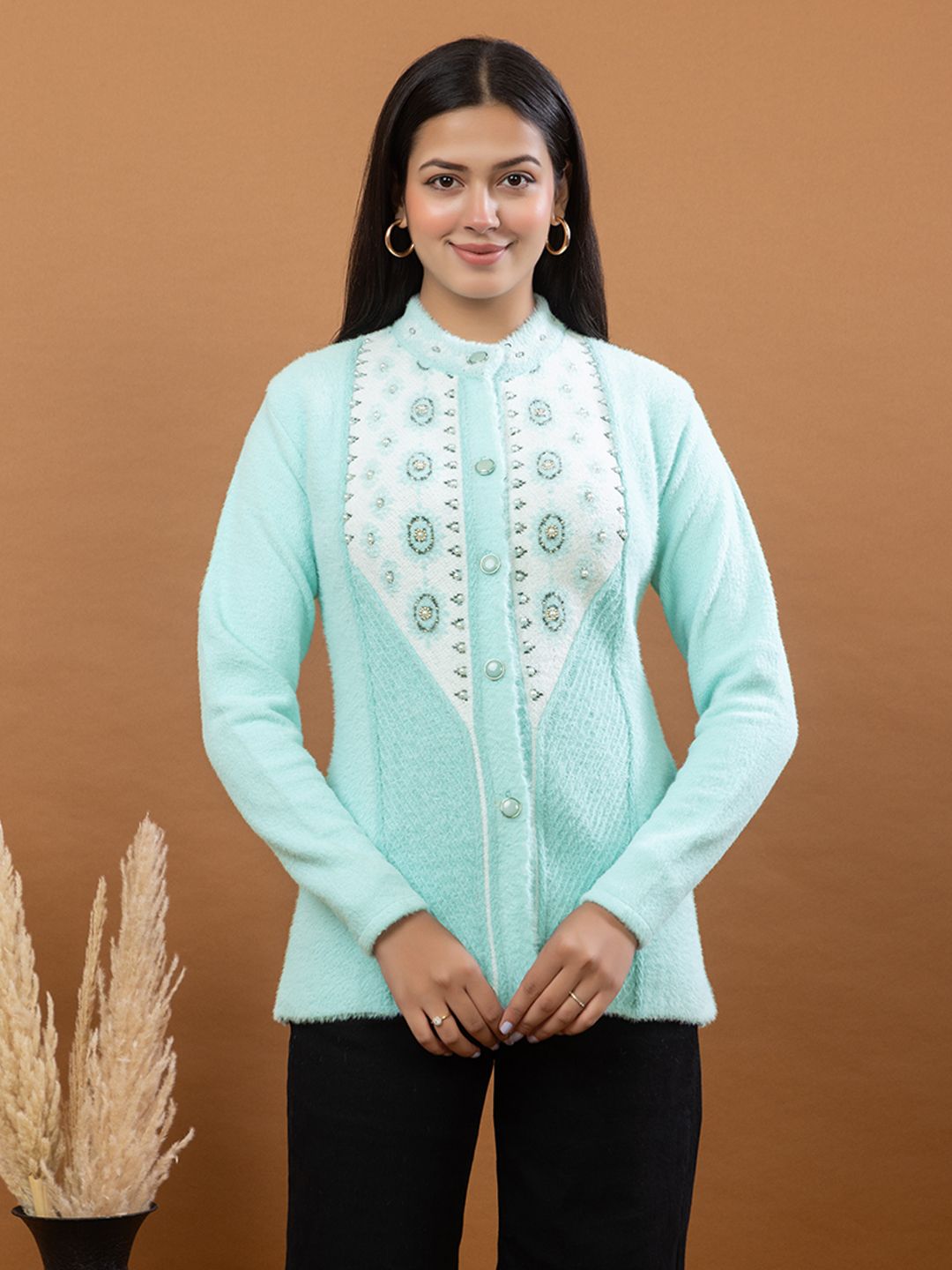 tanisha fashion Women Self Design Mandarin Neck Light Blue Sweater-picture-7