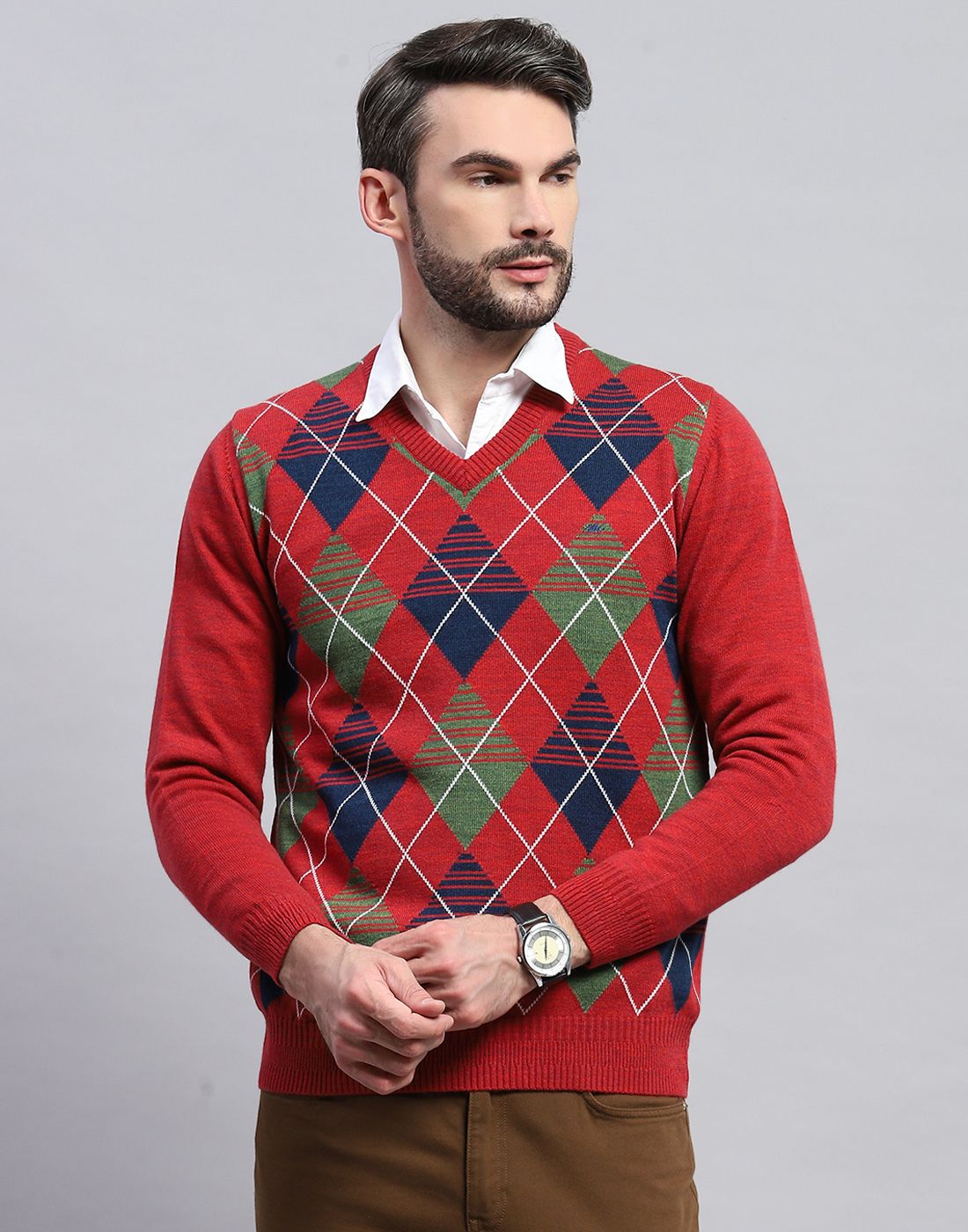 monte carlo Men Checkered V Neck Red Sweater-picture-25
