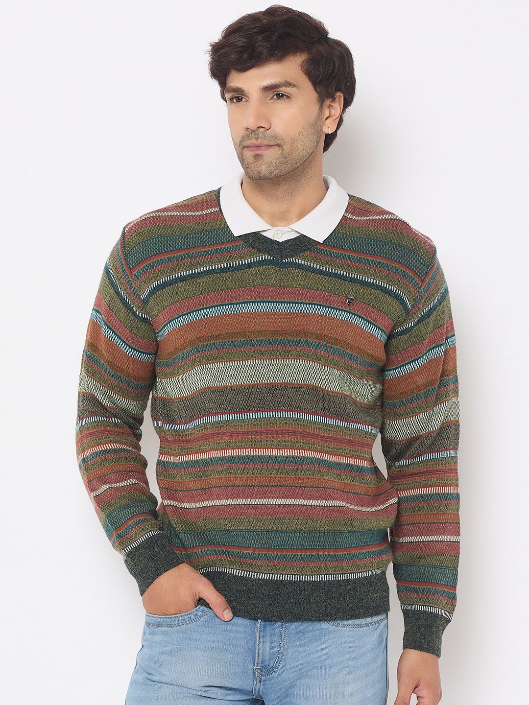 duke Men Striped V Neck Multicolor Sweater-picture-23