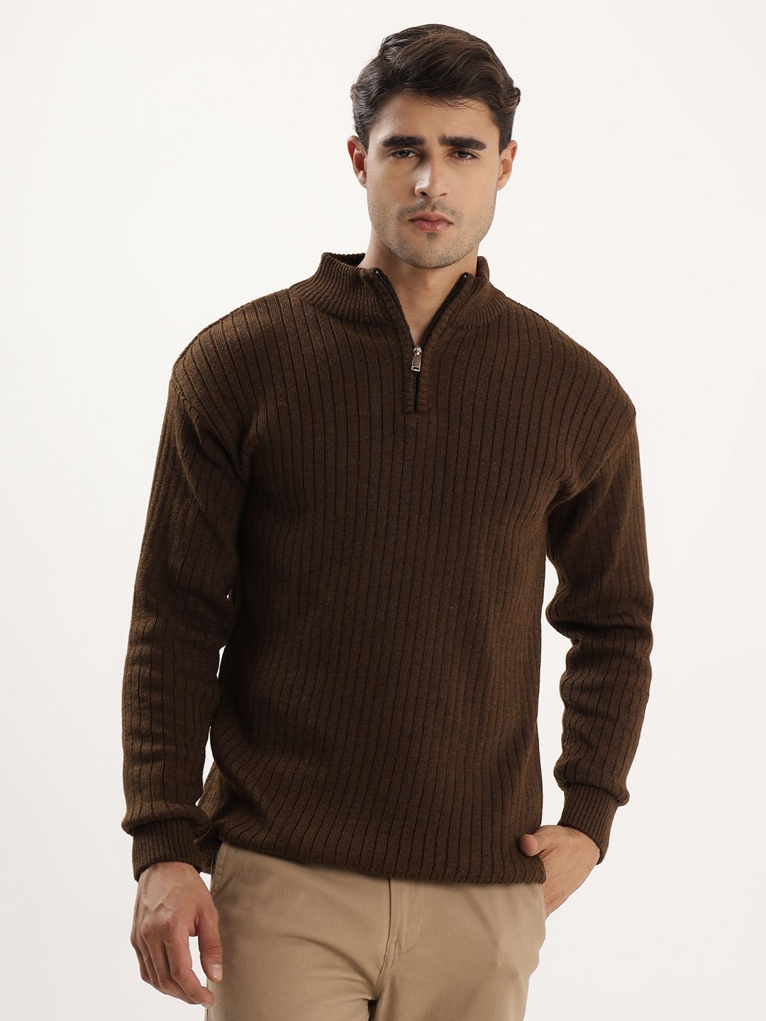 Men Self Design High Neck Brown Sweater-image-26