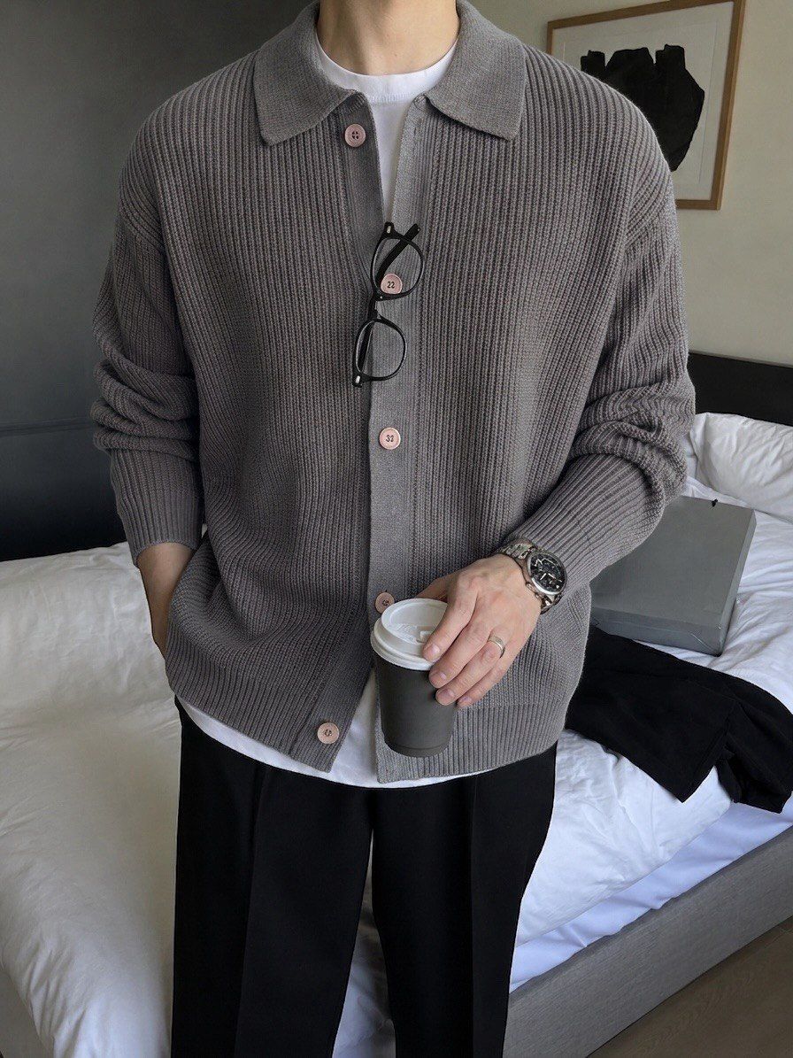 eddicted Men Striped Collared Neck Grey Sweater-picture-17