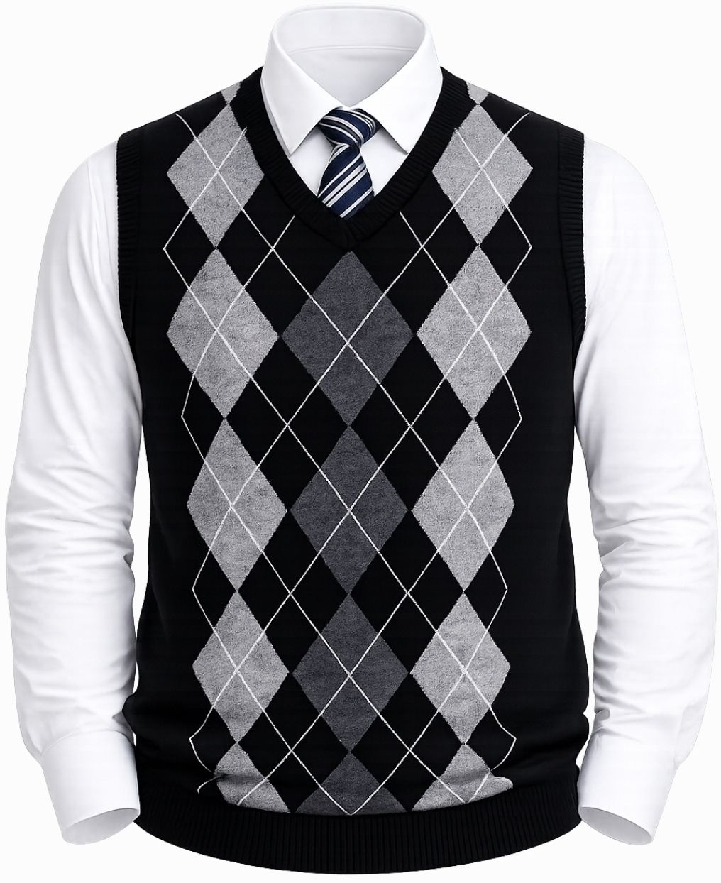 le arc Men Argyle V Neck Black Sweater-picture-12