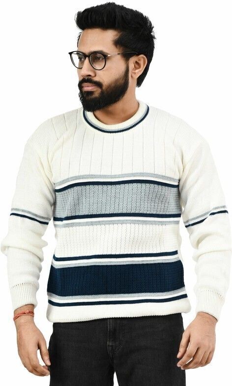 manra Men Striped Round Neck White Sweater-picture-19