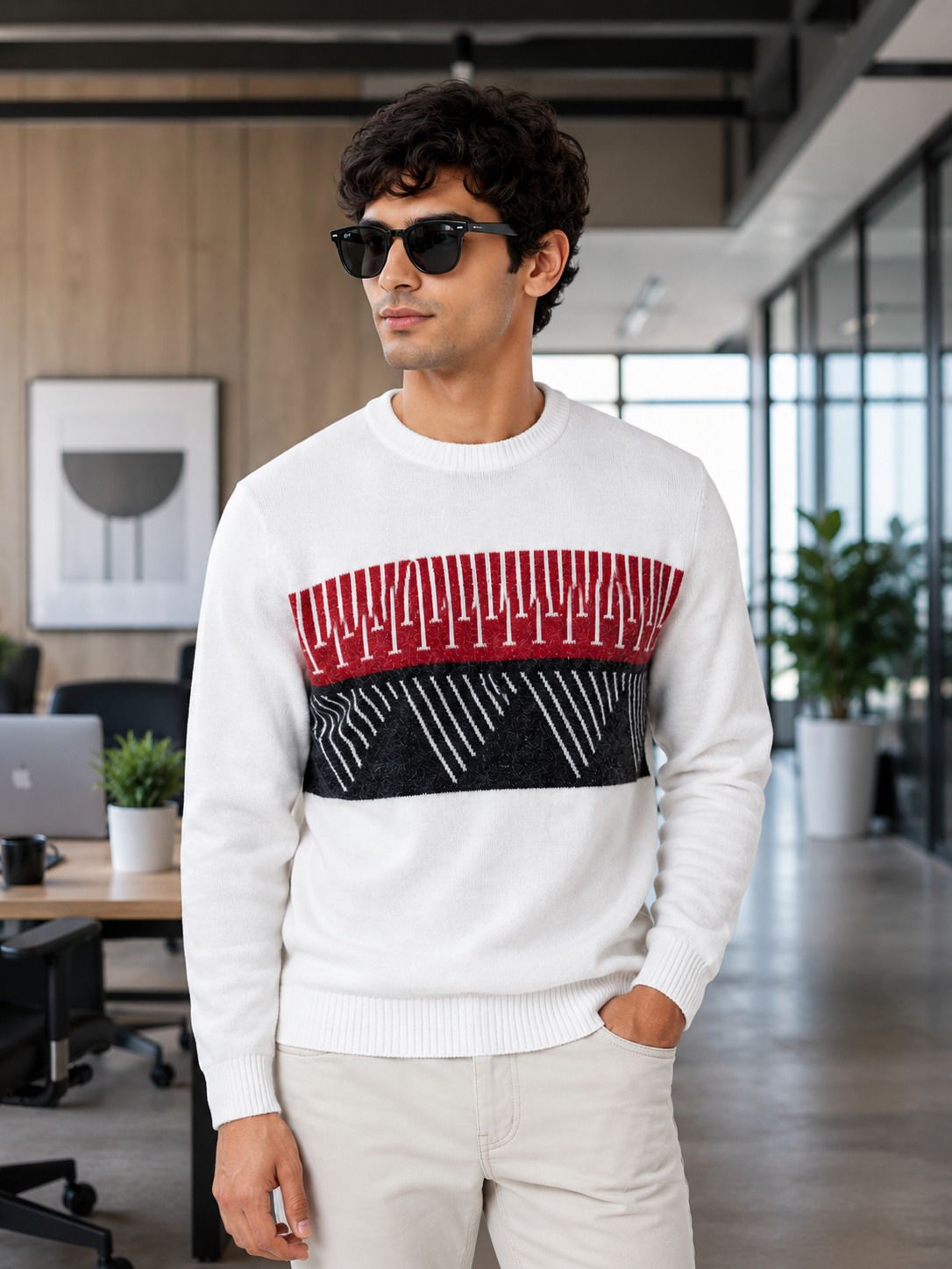 dailydude Men Geometric Print Round Neck Red Sweater-picture-30