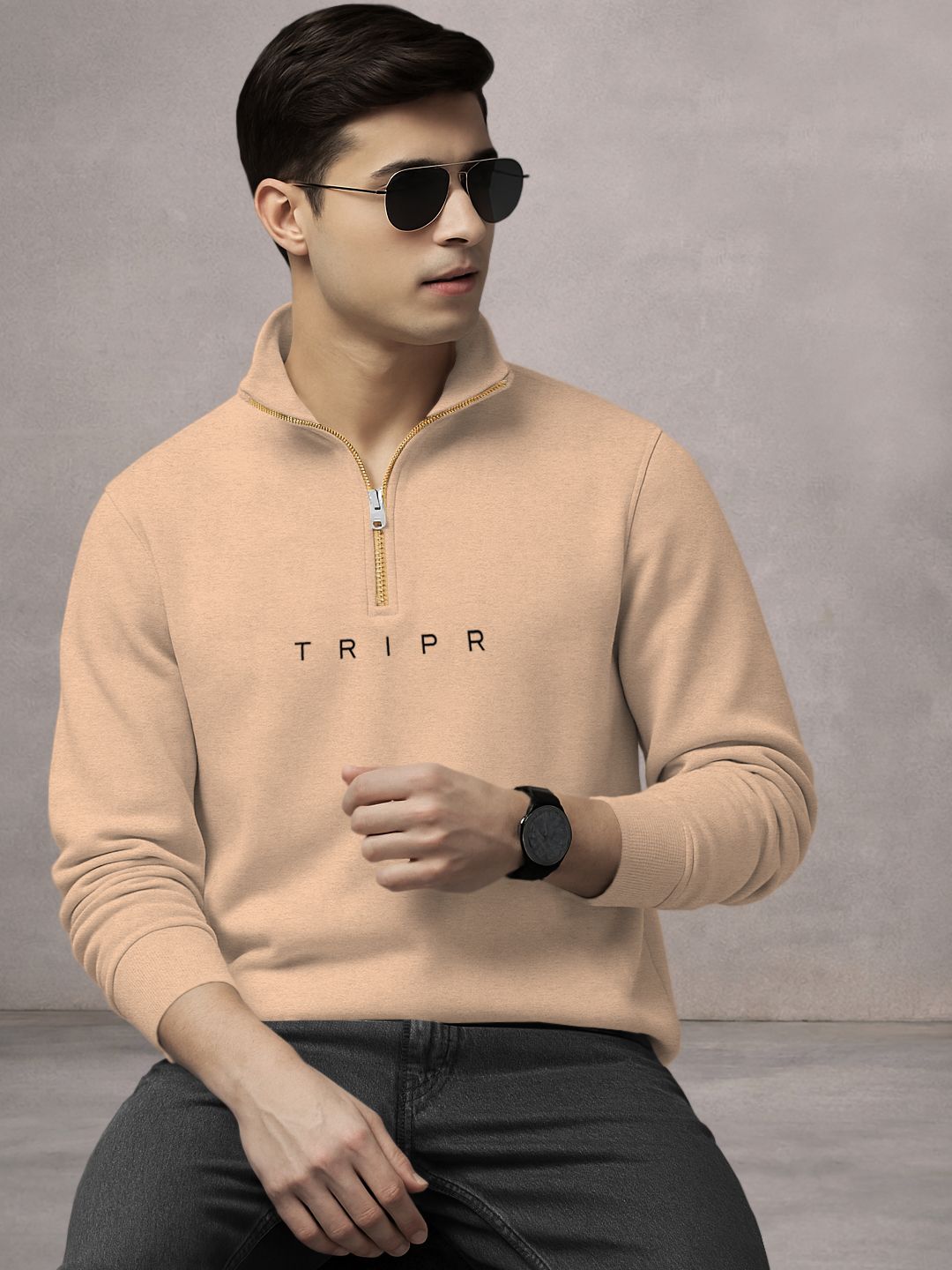 Men Printed High Neck Beige Sweater-image-30