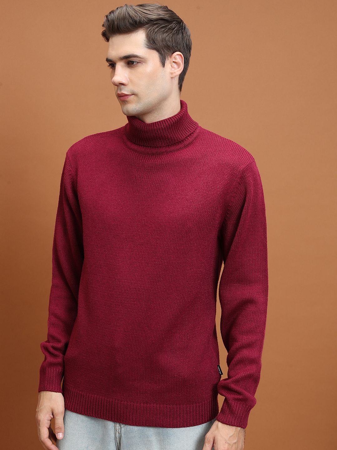 Men Solid High Neck Red Sweater-image-47