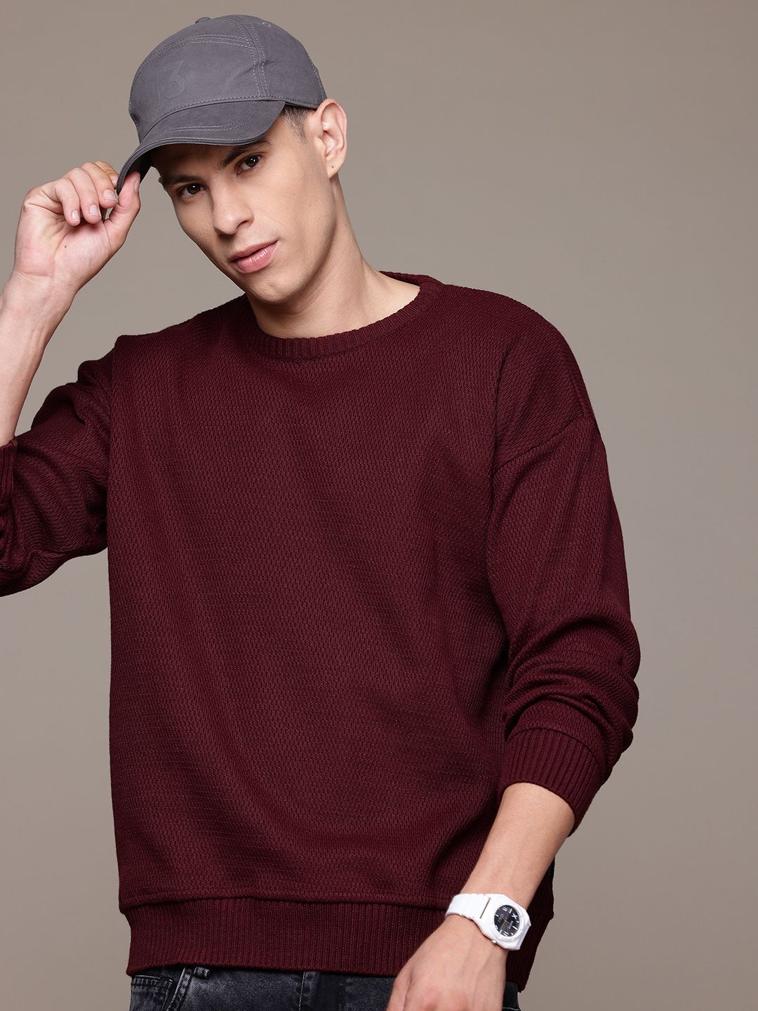 roadster Men Self Design Round Neck Maroon Sweater-picture-26